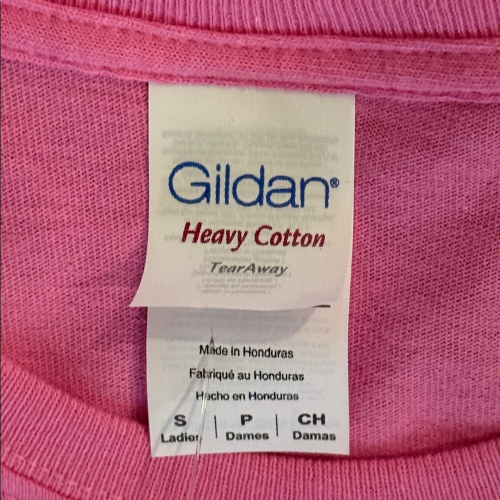 Gildan Hot Pink Tuxedo w/ White & Red Graphics 💯 Heavy Cotton Crew T-Shirt-S - Picture 3 of 4